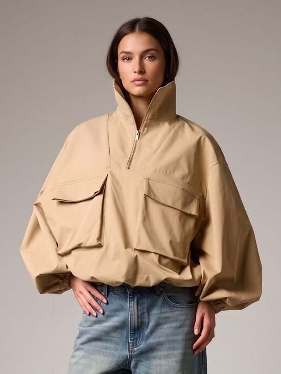 Jackets & Blazers - Women's Beige Oversized Utility Half Zip Stand Collar Cargo Pocket Jacket